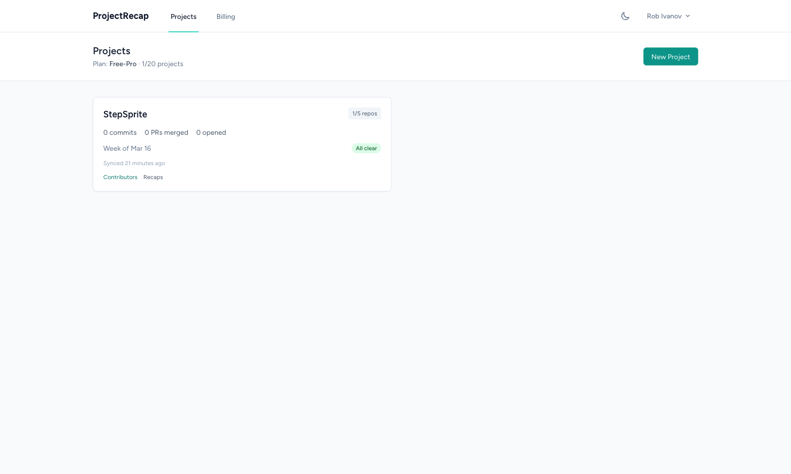 ProjectRecap project list showing status, connected repos, and weekly sync state